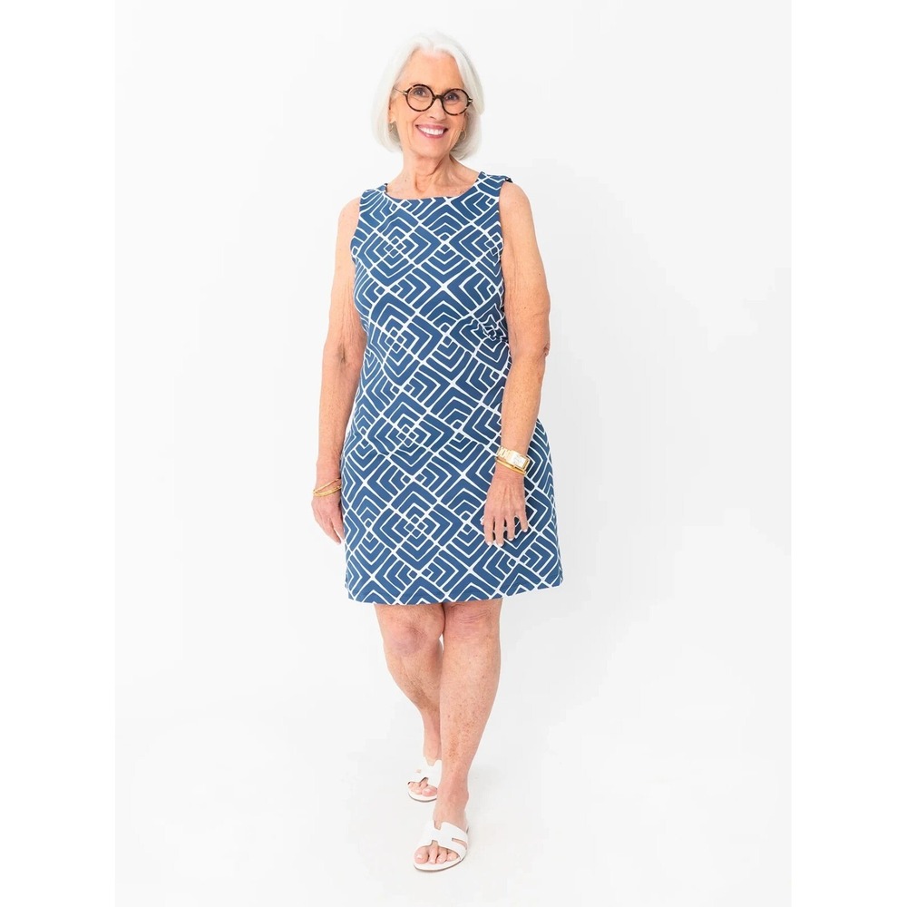 MAHI GOLD Sleeveless Shift Dress Womens L Navy Blue Geometric Preppy Coastal Mod
